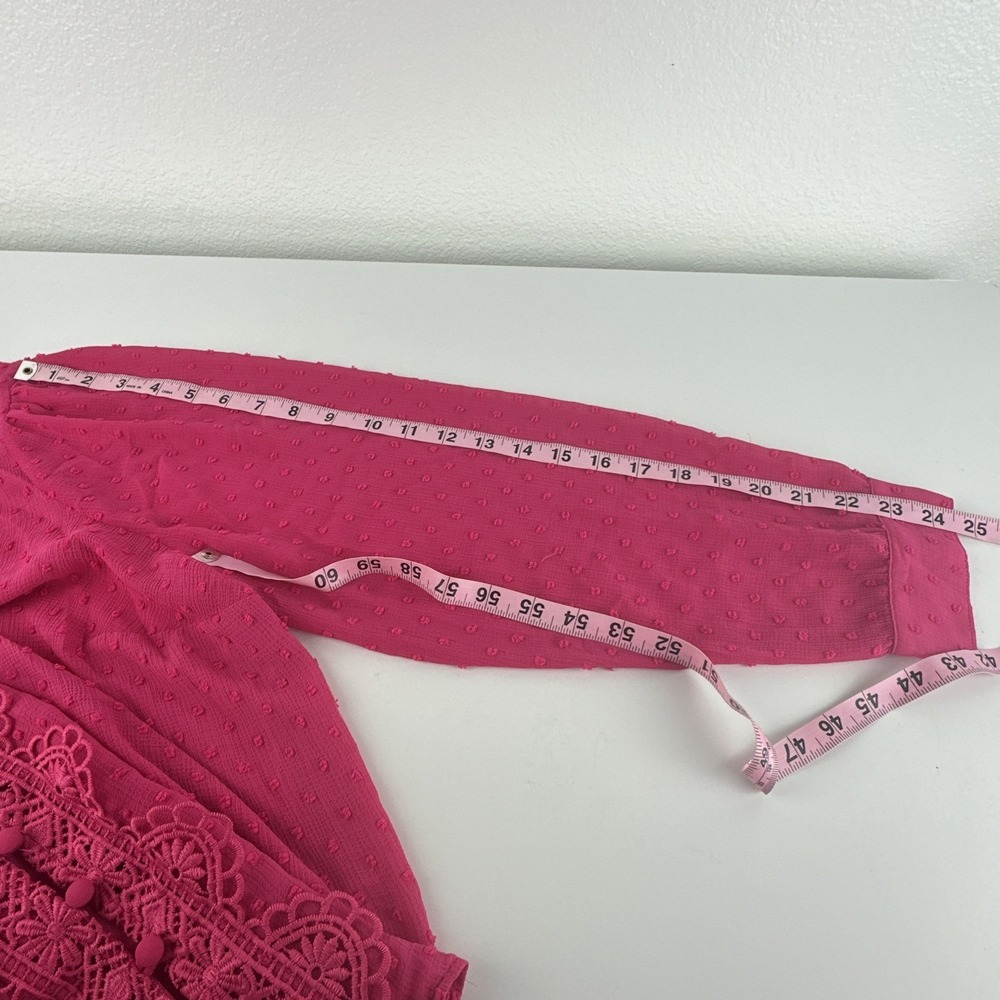 Torrid Chiffon Clip Dot Ruffle Neck Tie Blouse Pink Peacock Swiss Dot Size 1 - Picture 5 of 9